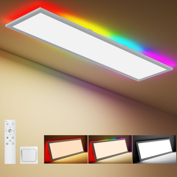 Plafonieră LED Amdelne, albă, 100x25cm, iluminare RGB, intensitate reglabilă