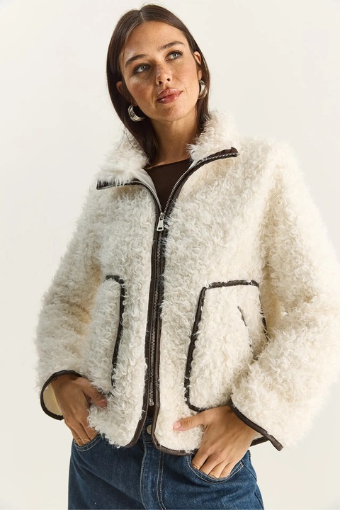 Geaca Bianco Lucci, detalii din imitatie de piele, bej, jerseu