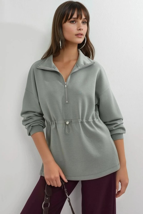 Hanorac dama, Busem, cu guler cu fermoar, talie reglabila, verde menta, textil