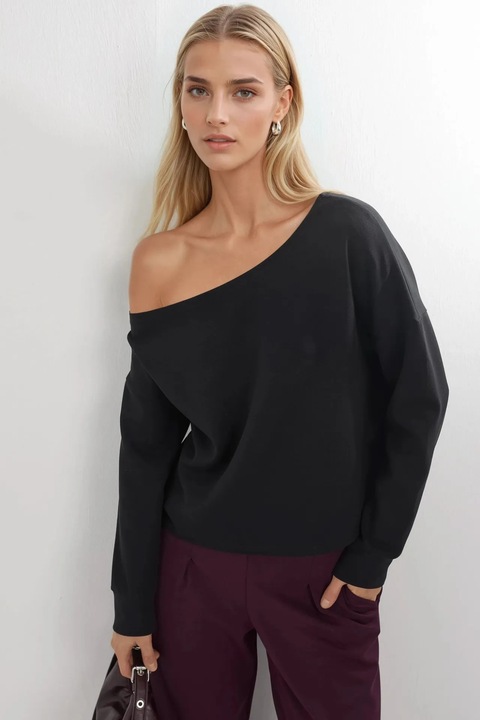 Hanorac dama, Busem, guler asimetric, negru, textil