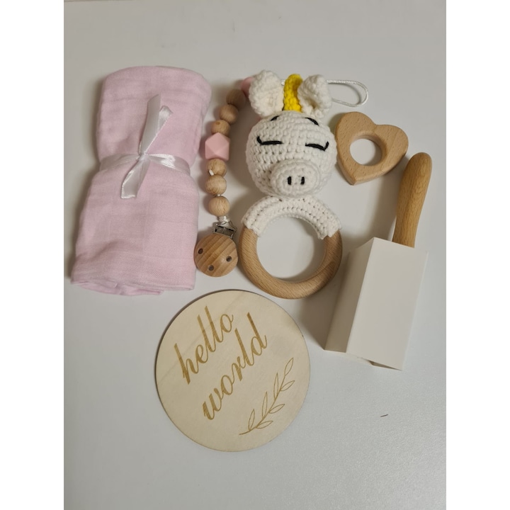 Prémium ajándékszett újszülötteknek, babáknak és gyerekeknek, 0-24 hónap, 6 kiegészítő-törölköző, hajkefe, cumilánc, játék, Hello World kártya, kézzel horgolt állat csörgő, kézműves, Egyszarvú