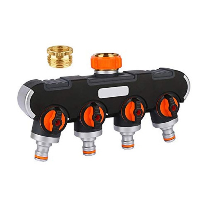 Distribuitor apa, 4 porturi, control debit, negru/portocaliu