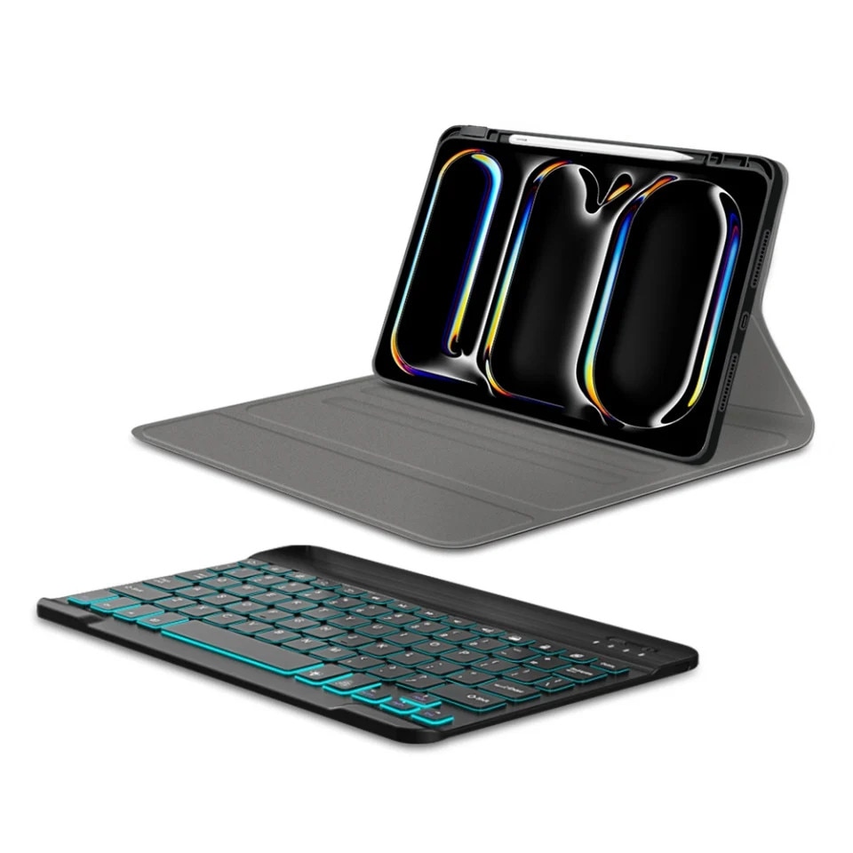 Husa pentru iPad Pro 11 (2024) / iPad Pro 11 (2025) cu Tastatura Bluetooth si Protectie 360°, CozyTab, Negru, set cu sticker