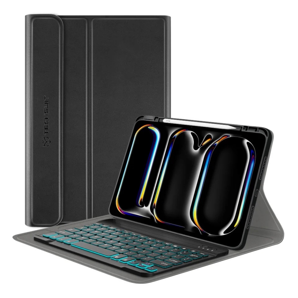 Husa pentru iPad Pro 11 (2024) / iPad Pro 11 (2025) cu Tastatura Bluetooth si Protectie 360°, CozyTab, Negru, set cu sticker