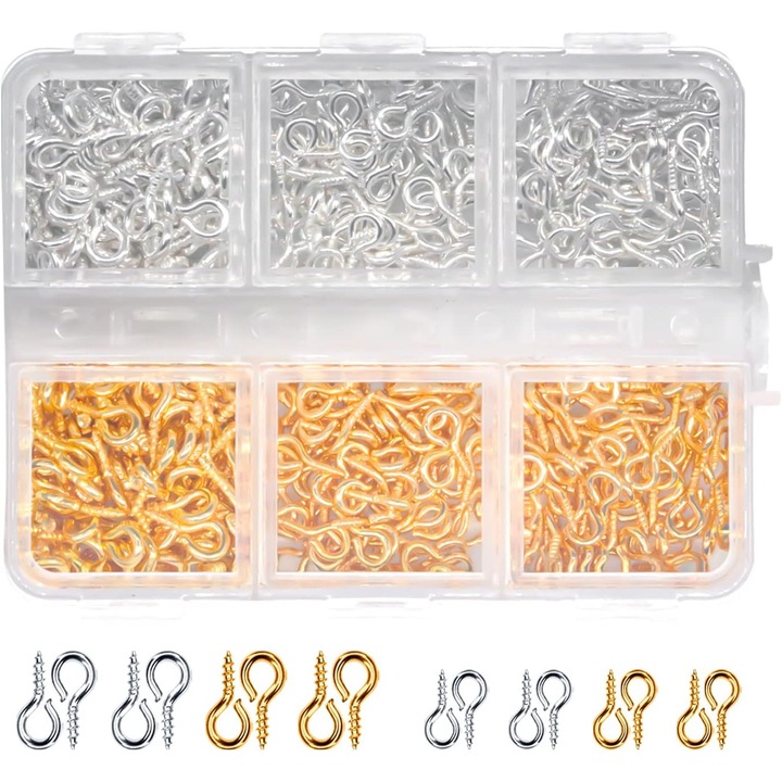 Set de 500 carlige cu ochi, 4x8mm si 5x10mm, aurii si argintii, metalice
