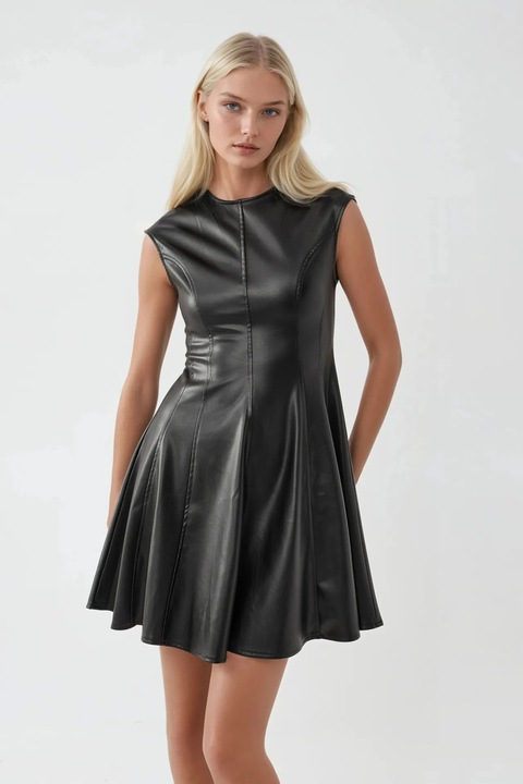 Rochie mini, Busem, din imitatie de piele, neagra