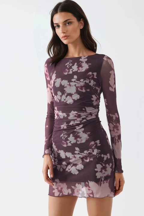 Rochie Mini Busem, Floral, Maneci Lungi, Mov, Jerseu