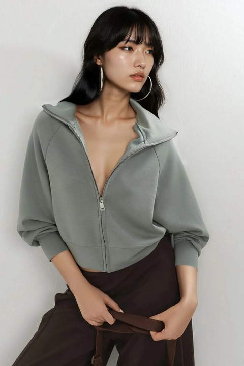 Hanorac dama, Busem, Verde salvie, textil, cu fermoar