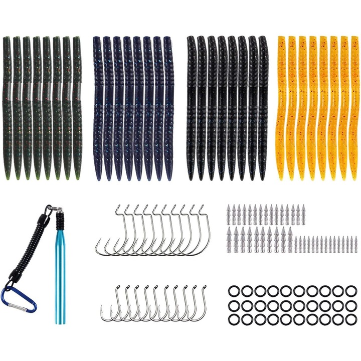 Set de naluci, gel de siliciu, 32 de momeli de 14cm, 10 carlige, 20 carlige pentru viermi, 30 inele O, 40 greutati, multicolor