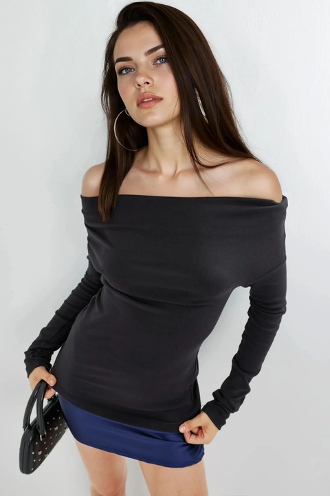 Bluza dama, Busem, mulata, decolteu barca, negru, jerseu