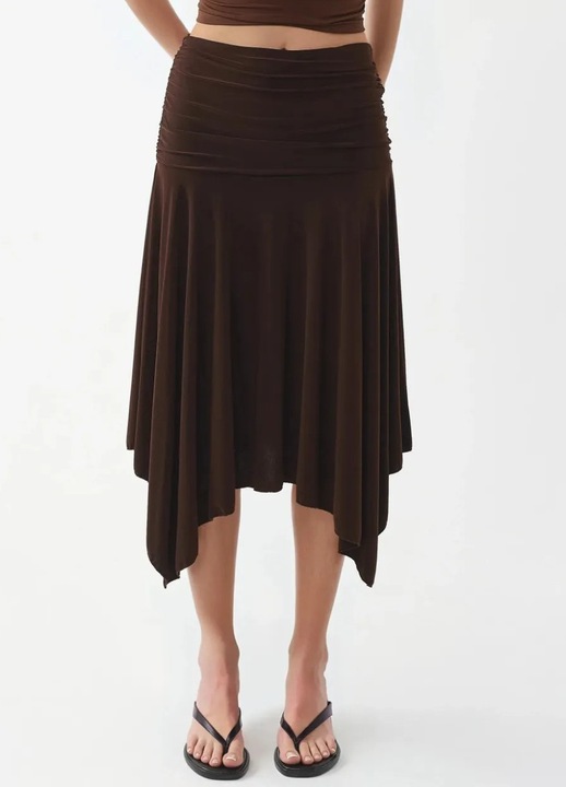 Fusta midi, Busem, mulata, talie elastica, maro cafeniu, poliester si elastan