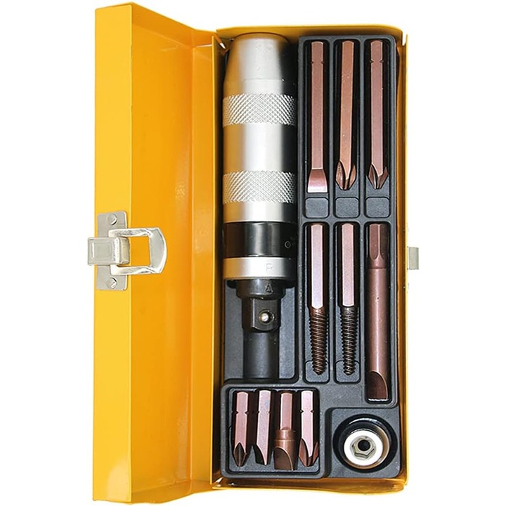 Комплект ръчни ударни отвертки, 12 части, материал от хром-ванадиева стомана, шестостенни и шлицови накрайници, преносим