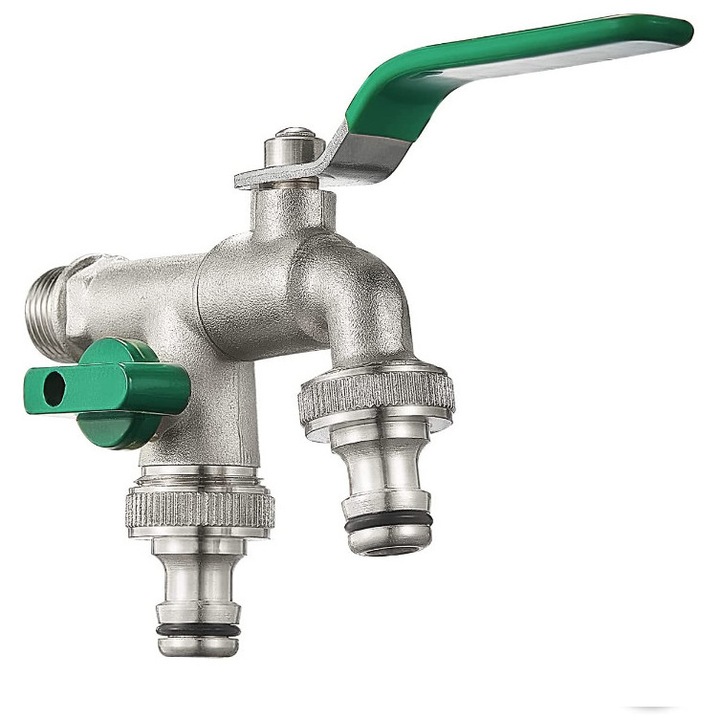 Robinet de gradina cu doua iesiri 1/2" - 3/4", din alama, cu 2 conectori pentru furtun, utilizare casnica si industriala