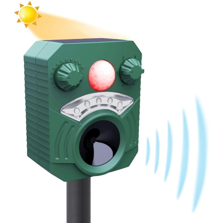 Repelent ultrasonic pentru pisici, 5 moduri, alimentare solara/USB, impermeabil, protejeaza gradina de caini, pasari, rozatoare