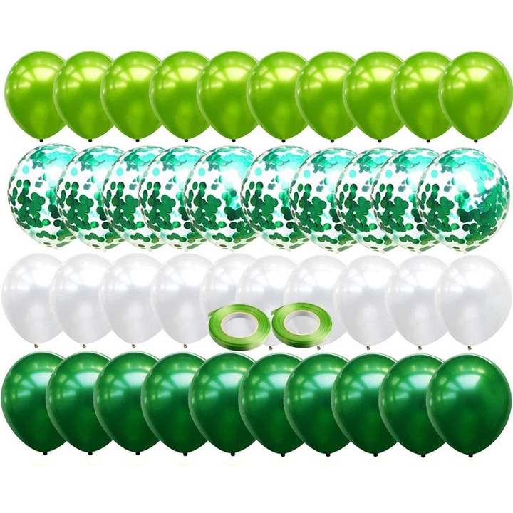 52 Zöld Léggömb Szett Konfettivel, 10 Zöld Léggömb, 20 Világoszöld Léggömb, 10 Fehér Léggömb, 10 Konfettis Léggömb, 2 Kék Szalag 5m