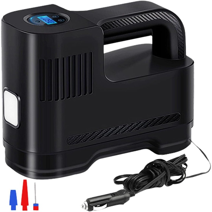 Compresor auto portabil, digital, 150 PSI, negru, 19x8x14cm, set cu diverse conectori