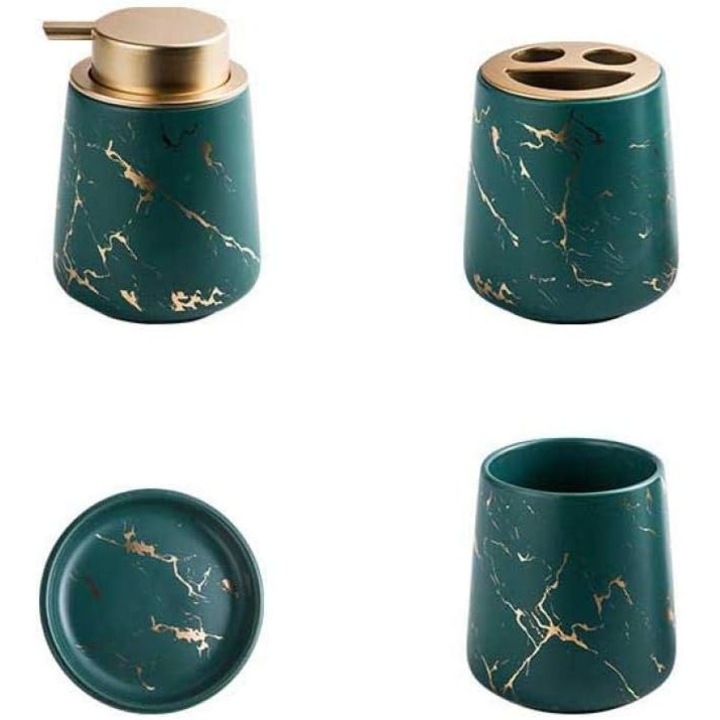Set de 4 accesorii de baie din ceramica cu efect marmorat, verde inchis, dispenser de sapun, suport pentru periute, pahar, farfurie pentru sapun