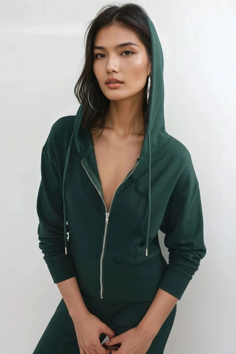 Hanorac cu fermoar si gluga Busem, maneca lunga, verde, jerseu