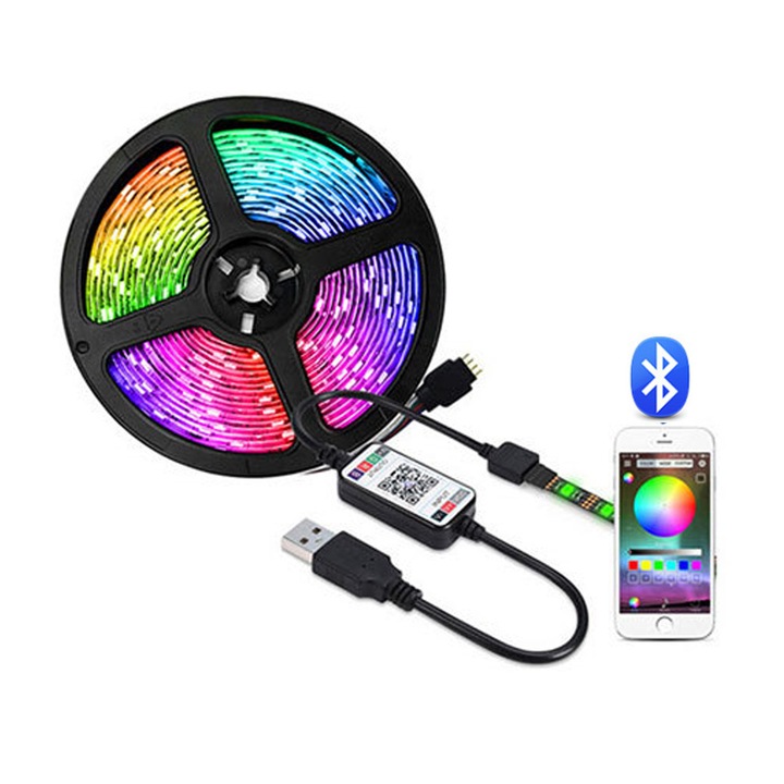 Banda LED RGB, 10m, functie timer, control Bluetooth, multicolor