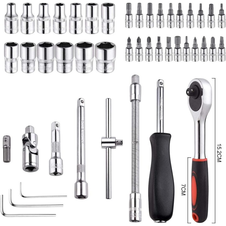 Set de chei cu 46 piese, 1/4", carbon, cutie de depozitare