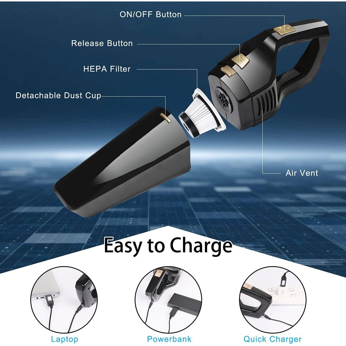 Aspirator de mana portabil, 120W, fara fir, cu incarcare USB, putere de aspiratie 4.5 kPa, negru