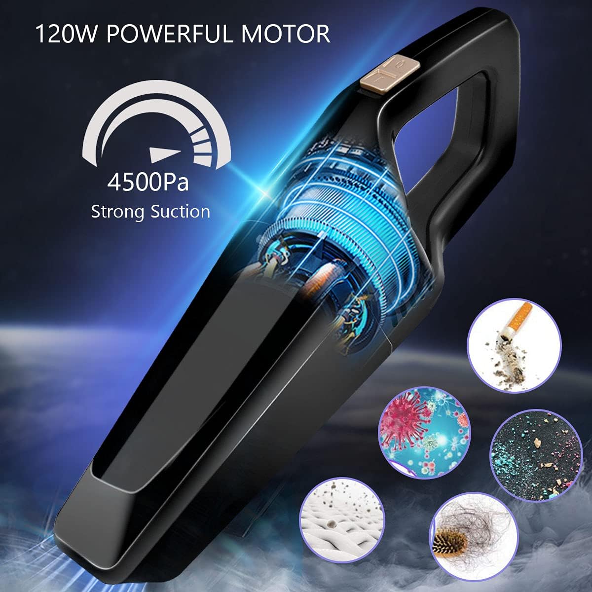Aspirator de mana portabil, 120W, fara fir, cu incarcare USB, putere de aspiratie 4.5 kPa, negru