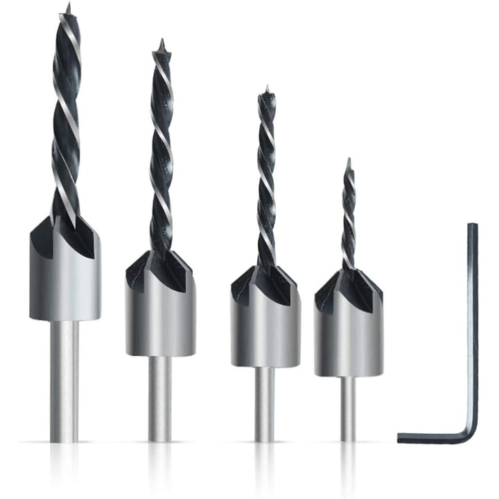 Set freze conice cu burghie HSS - 4 bucati, 45 otel, pentru suruburi din lemn, diametru 15.8 mm