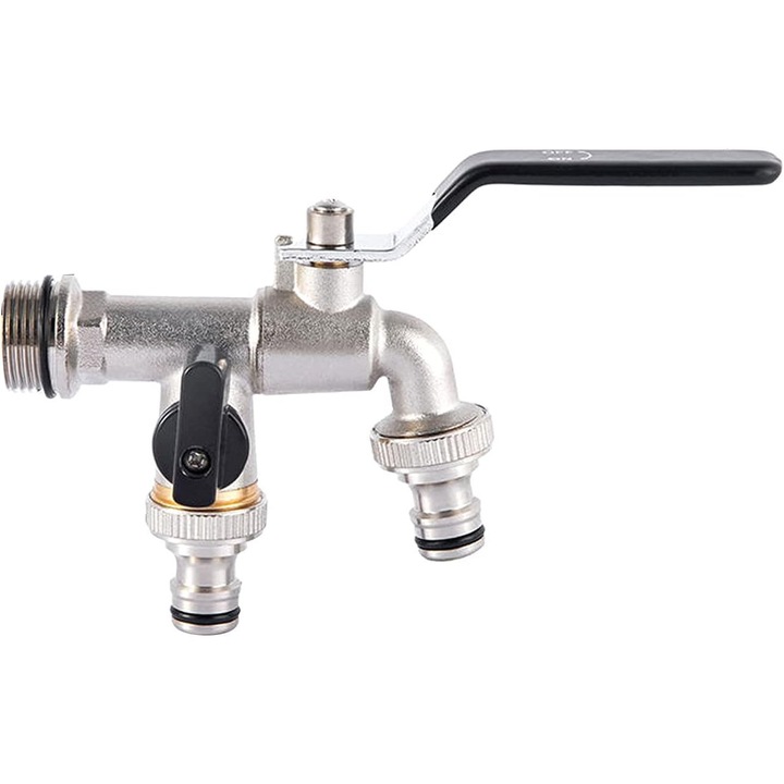 Двоен кран с 2 изхода, 3/4 инча, удебелен вентил, черна дръжка, месинг, устойчив на замръзване, за вътрешна/външна употреба