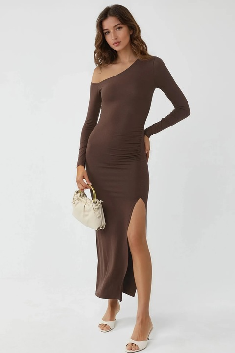 Rochie maxi Busem, guler asimetric, maro cafeniu, jerseu