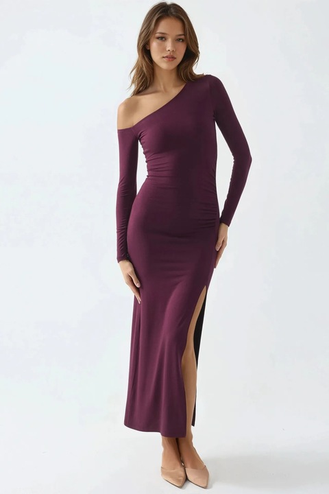 Rochie lunga Busem, guler asimetric, mov pruna, jerseu