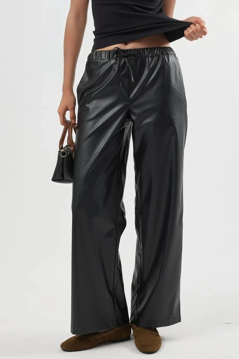 Pantaloni dama Busem, piele artificiala, talie inalta, negru, Negru