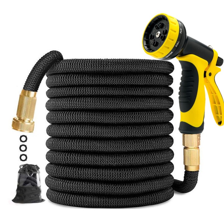 Furtun de gradina 15m, 9 functii, conector din alama, extensibil 3x, fara cute