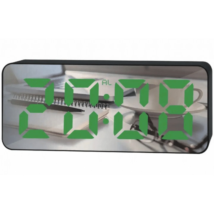 Ceas multifunctional cu LED stil oglinda curbata, alarma digitala, afisaj mare, mod noapte, data, temperatura