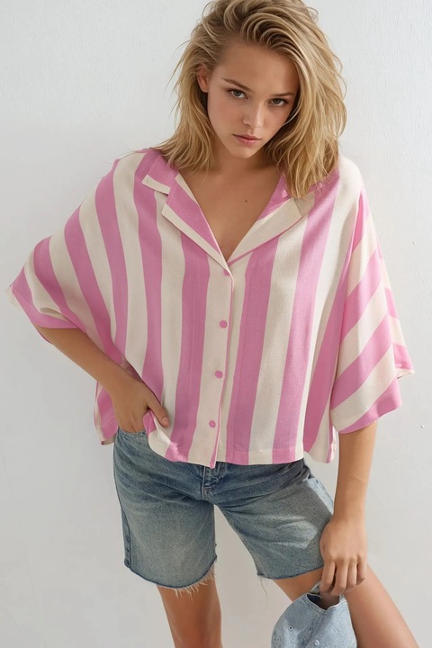 Camasa dama Busem, model relaxat, dungi, roz garoafa/alb, textil