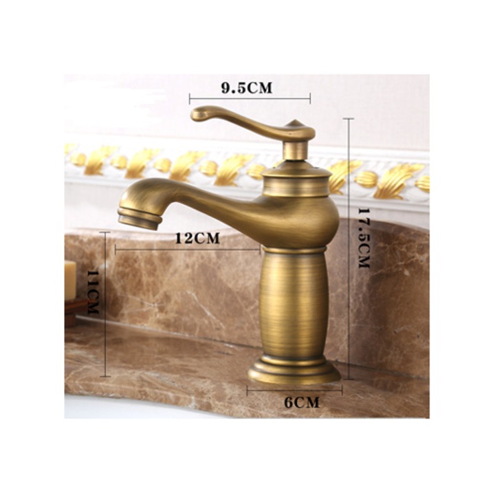 Retro sárgaréz csaptelep, kék virágmintás, hideg és melegvíz szabályozással, kompakt méretek