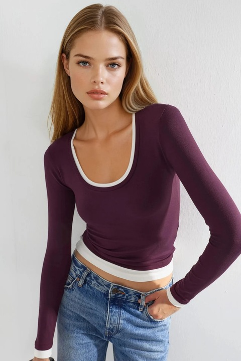 Bluza dama Busem, maneca lunga, legatura contrastanta, mov, jerseu, Violet/Mov