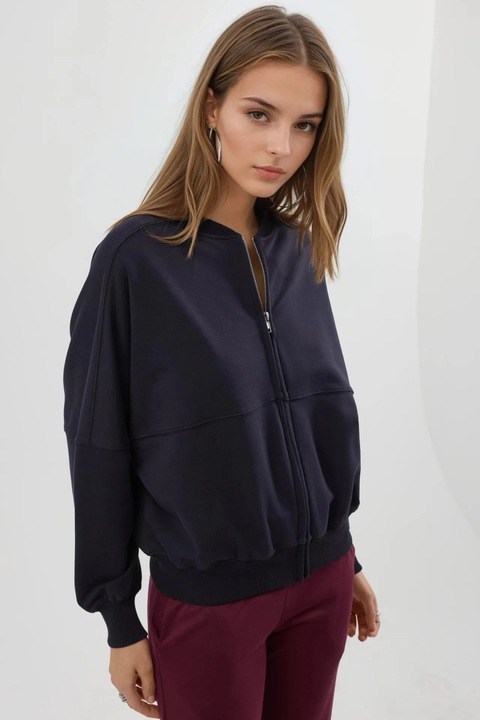 Hanorac dama Busem, cu fermoar, croiala relaxata, bleumarin, textil