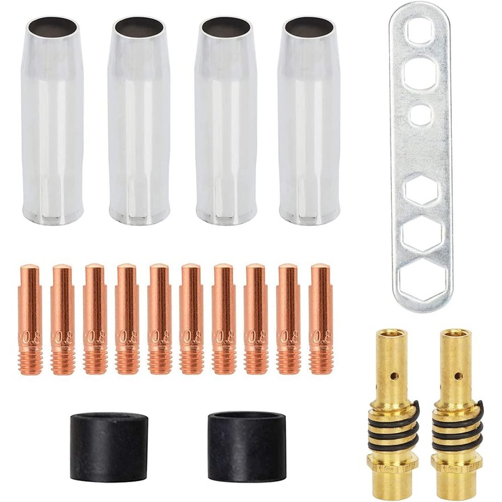 Set accesorii pentru sudura MIG/MAG, 19 piese, duze de sudura, capace conice, suporturi cu arcuri fixe, compatibile cu torte AK15/MB-15