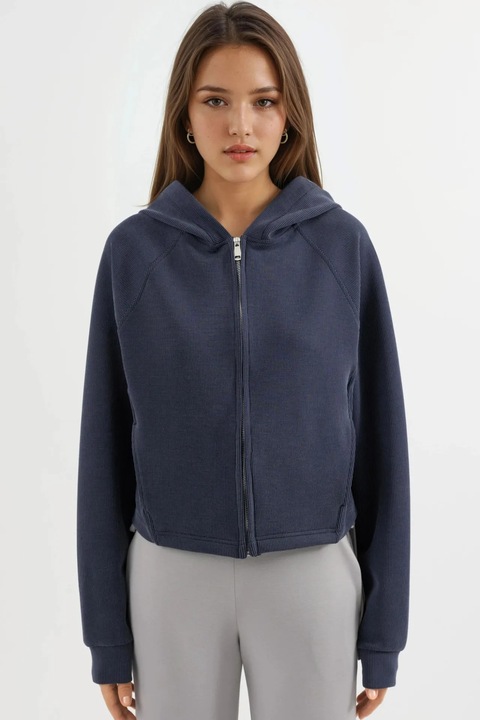 Hanorac dama Busem, cu gluga si fermoar, bleumarin, jerseu