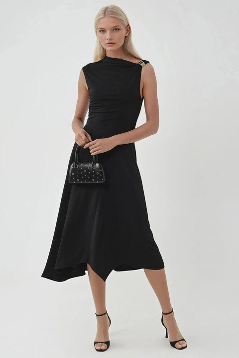 Rochie Midi Busem, asimetrica, neagra, jerseu