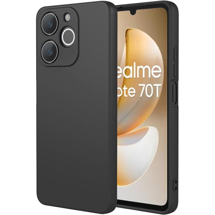 Калъф за Realme Note 70T Liquid Silicone, тънък, подплатен с микрофибър, против отпечатъци, защита за камерата, черен