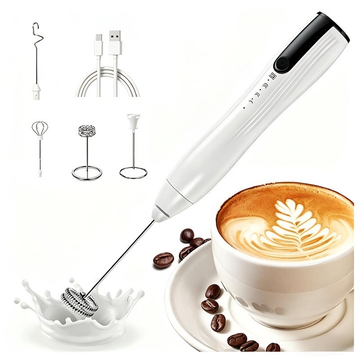 Spumant electric pentru lapte cu incarcare USB, set cu 3 duze interschimbabile pentru uz casnic, pentru spumarea si amestecarea cafelei si laptelui, marca ShuangBo®