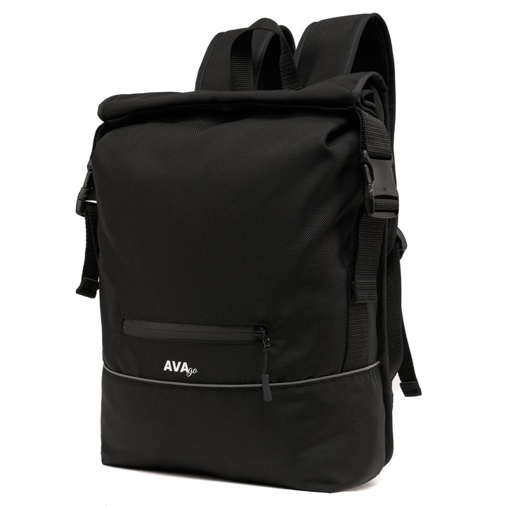 Rucsac urban AVA, negru, unisex, impermeabil, roll top, 26 L, elemente reflectorizante