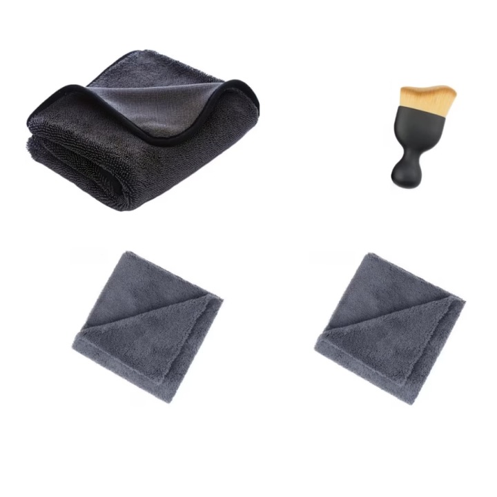 Prosop Uscare Auto Din Microfibra Premium, Twisted Loop, 750 GSM, 90 X 60 CM + Dou Lavete Microfibra Fara Margini Pentru A Eliminia Riscul De A Produce Micro Zgarieturi 350 GSM 40 X 40 CM + O Pensula Nanofibre