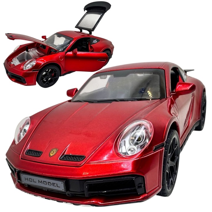 Jucarie macheta metalica masina model Porsche 911 Carrera care scoate abur, scara 1:24, cu usi - capota si portbagaj care se deschid, design realist, culoare rosu, 18.5 cm