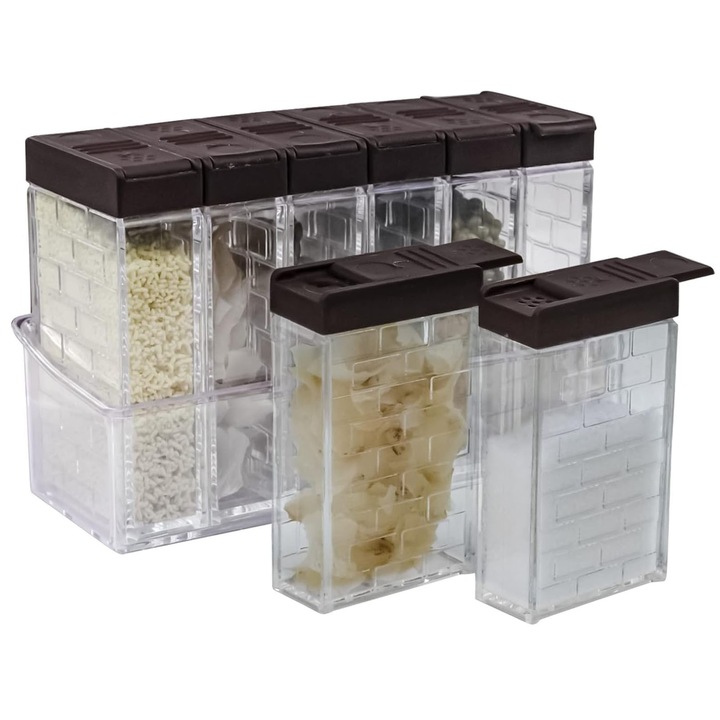 Set 6 recipiente pentru condimente, AFKSMILE, Borcane de depozitare pentru bucatarie, 2 site de granulatie, Cu tava, usor de curatat, Pentru zahar, cafea, ceai sau condimente, Plastic, 16.5cm * 6.5cm * 10.5cm, Transparent/maro cafea