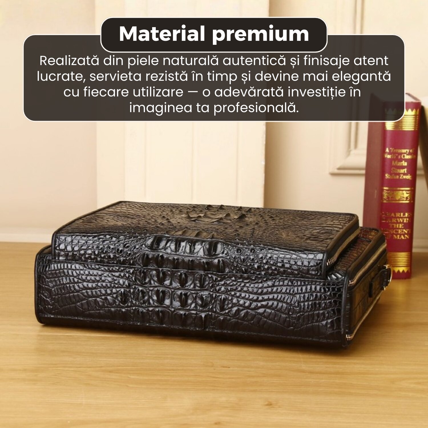 Servieta business din piele naturala, model premium, design elegant, dimensiuni 32x25x8 cm, compartimente multiple, curea reglabila, negru lucios