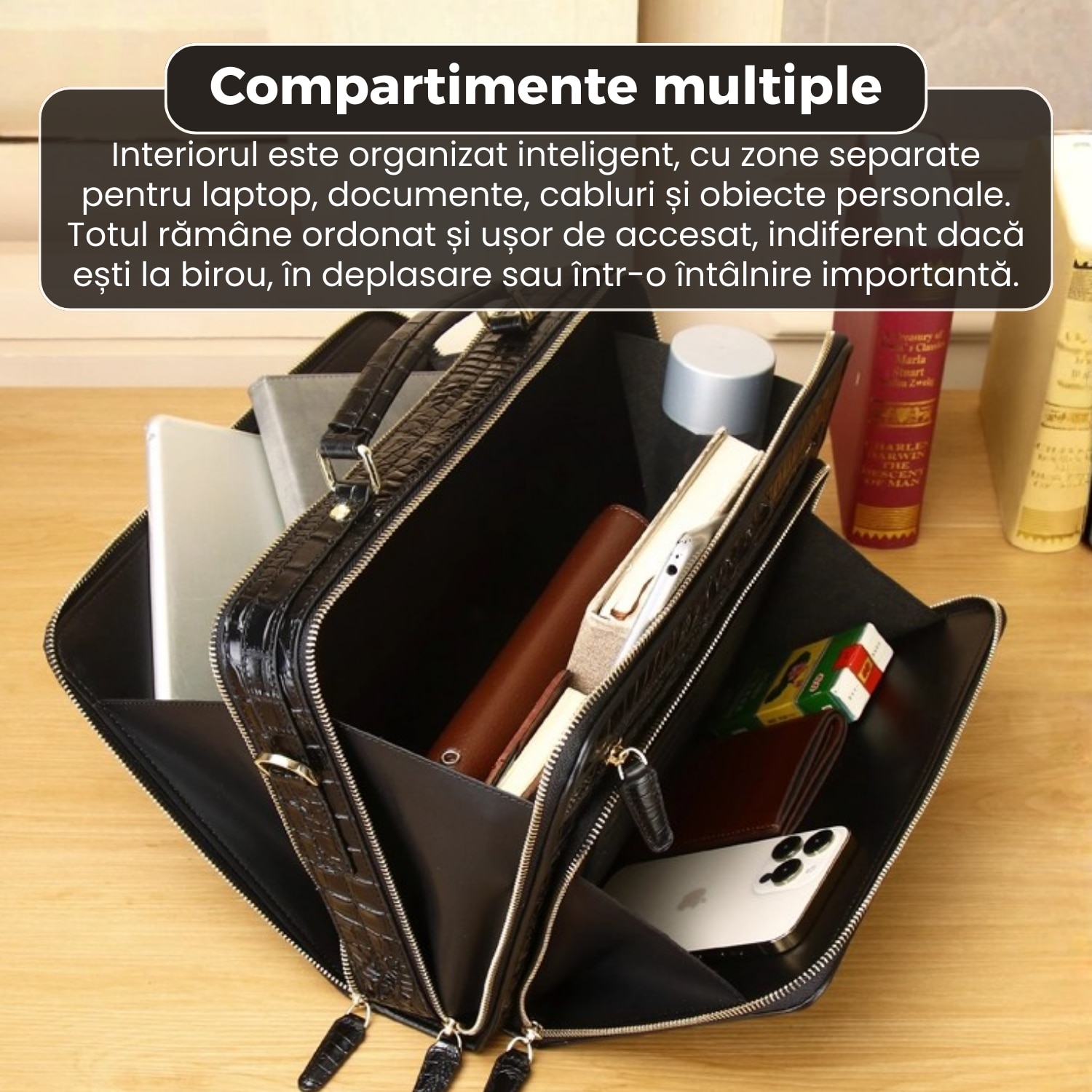 Servieta business din piele naturala, model premium, design elegant, dimensiuni 32x25x8 cm, compartimente multiple, curea reglabila, negru lucios