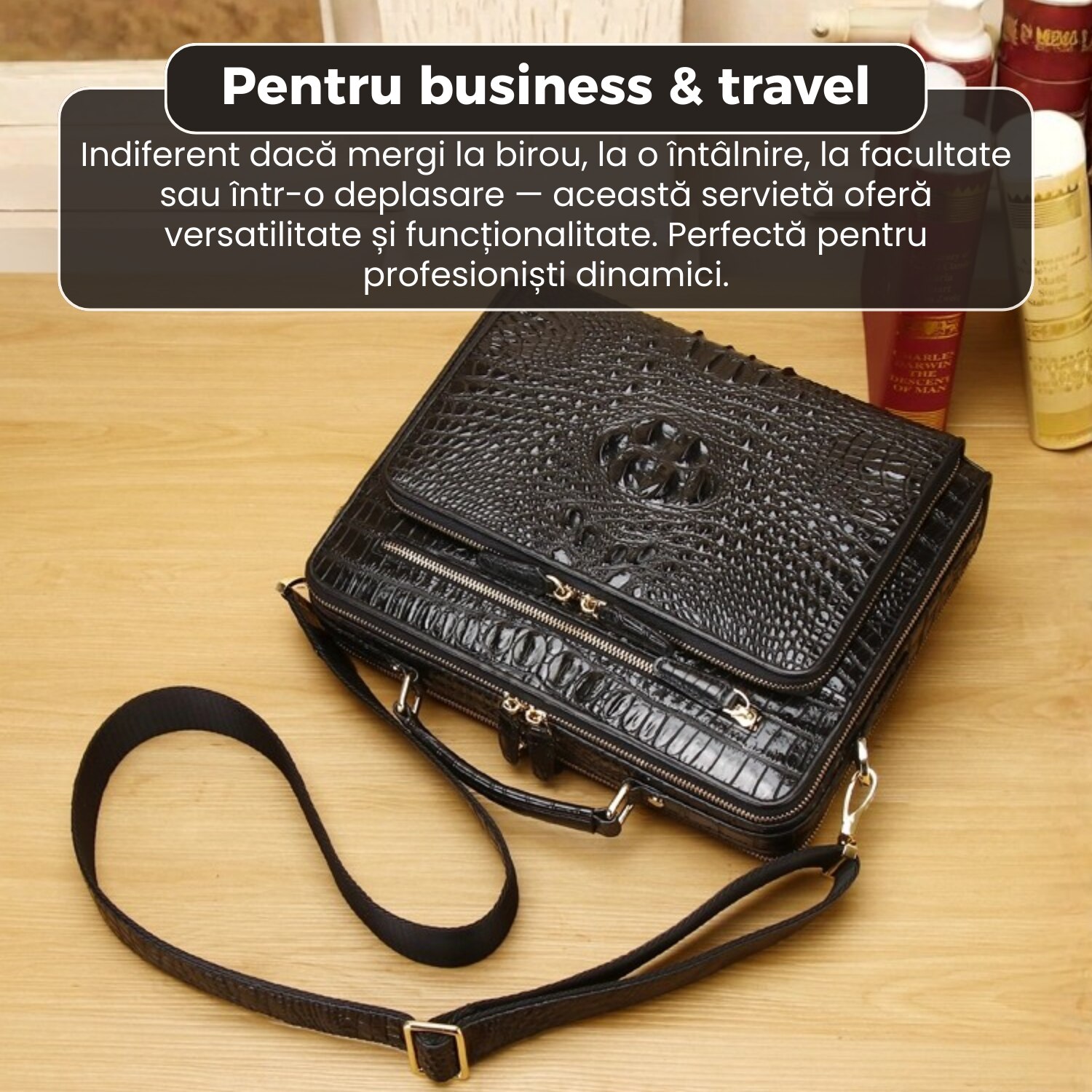 Servieta business din piele naturala, model premium, design elegant, dimensiuni 32x25x8 cm, compartimente multiple, curea reglabila, negru lucios