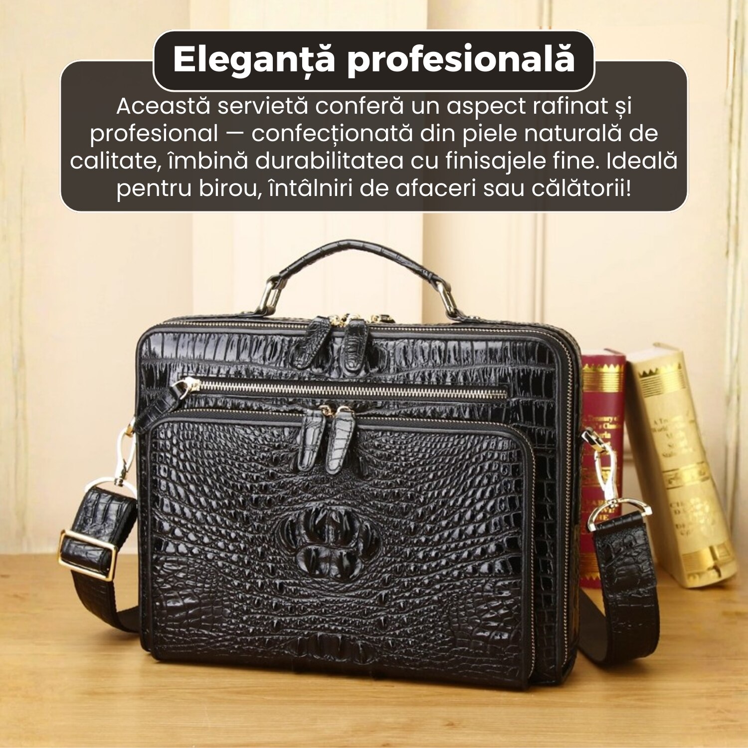 Servieta business din piele naturala, model premium, design elegant, dimensiuni 32x25x8 cm, compartimente multiple, curea reglabila, negru lucios